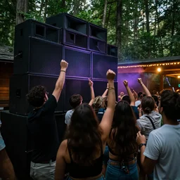 group of friends raving outside a woodland cabin, big speaker stack, club lighting