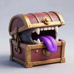 a DND treasure chest shaped mimic with sharp teeth and a large purple tongue, concept art, trending on artstation 3D.