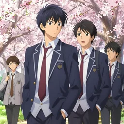 boy's love anime high school spring noon scene, high detail concept art, perfect proportions fine face, tall handsome guys, close together romantic undertones, avant designer uniform, vivid colors, realistic shaded lighting poster fantasy art ilya kuvshinov, kyoani, katsuhiro, jeremy lipking and michael germash, makoto shinkai, loish, best selling artist
