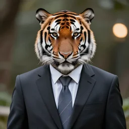 high quality portrait photo of an businessman tiger dressed in a dark suit and tie, Anthropomorphic, photography 4k, f1.8 bokeh, 4k, 85mm lens, sharp eyes, looking at camera
