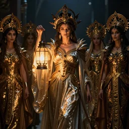 queen of the underworld with her lantern and retinue, by Annie Swynnerton and Nicholas Roerich and jean delville, strong dramatic cinematic lighting , ornate headdress , flowing robes, lost civilizations, smooth, sharp focus, extremely detailed