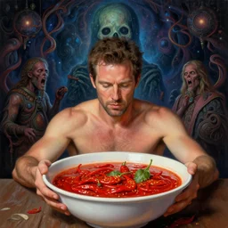 will ferrell bathing in a bowl of chili, cosmic horror painting, elegant intricate digital painting artstation concept art by mark brooks and brad kunkle detailed