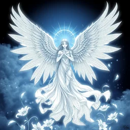 wings, goddess angel of tranquility. hyper detailed, character concept, full body, dynamic pose, intricate, lineart, cerpuscular rays, lily flower. by yoshitaka amano, alfons mucha and makoto shinkai. 8 k