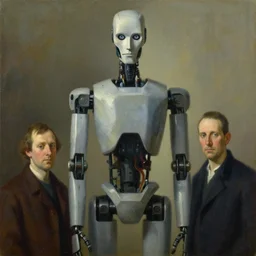 tall, gaunt, imposing robot with intense eyes portrait, grant wood, pj crook, edward hopper, oil on canvas