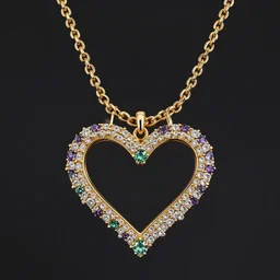mystical gold and diamond thin curly heart shaped necklace hanger with fine purple and green stones, very realistic, ultra detailed, centered, octane render, elegant, on dark background