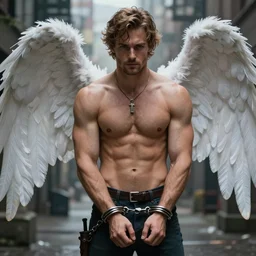 handsome Sam Winchester as a muscular angel handcuffed, urban fantasy romance book cover, D&D!, fantasy style, sharp focus!, ultra detailed, art by Artgerm and Peter Andrew Jones, WLUP