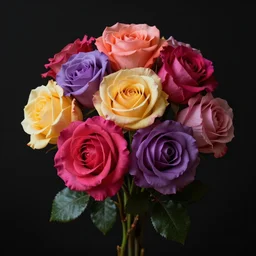 colorful beautiful rose flowers from single stem, volumetric dramatic light, dark black background, sharp focus, highly realistic, octane render, art by greg rutsowski