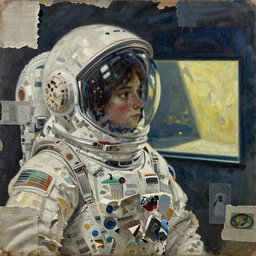 lost in space, melancholic, painting by shaun tan, detailed, intricate, torn paper decollage, oil on canvas by edward hopper, ( by mattias adolfsson ), by moebius
