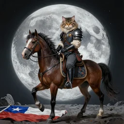 A hyper real comic book style portait painting of a persian cat man riding a horse on the moon, Chile flag on the ground, unreal 5, hyperrealistic, octane render, cosplay, RPG portrait, dynamic lighting