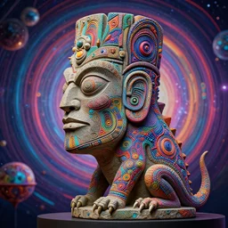 a side view of a surreal portrait statue of elon musk as a psychedelic neural tiki reptile stone god by naoto hattori, android jones, and chris dyer, deep bold colors, galactic dmt entity, depth of field, intricate beautiful painting, billions of details, octane render, portal, 8 k, detailed vector, trending on artstation, cgisociety
