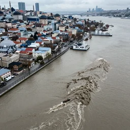 tsunami flood in istanbul, realistic, photography, drone shot, sharp focus, 8 k detailed