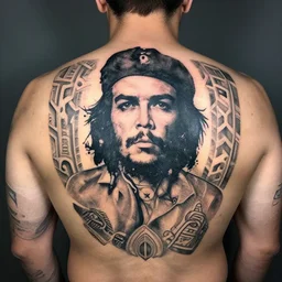 a man with a che guevara tattoo on his back, a tattoo by richard mortensen, reddit contest winner, primitivism, tattoo, detailed, intricate