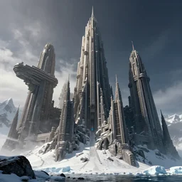 monolithic lovecraftian city of insane cyclopean towers and gravity - defying megastructures in the mountains of antarctica, upward angle, dramatic low lighting, by bill sienkiewicz, rodney matthews and lucasfilm, extremely hyperdetailed, photorealism, 8 k, 8 mm, octane