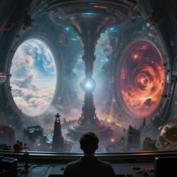 DMT hyperspace portal nexus central station viewed from operator POV, enormous series of portals can be seen, including two large portals to heaven and hell, fantasy art, trending on ArtStationHQ, 8k, HD, hyperdetailed