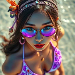 masterpiece portrait of a beautiful stunning shinny girl with boho accessories, in violet reflective bikini, glossy, dreamlike beach, fantasy character portrait, dynamic pose, above view, top lighting, asian feature, art by charlie bowater, starember, makoto shinkai, gil elvgren, ilya kuvshinov, cryengine, lumion render, 8 k realistic, hyper detailed, digital painting, artstation, concept art, realistic shaded, perfect face
