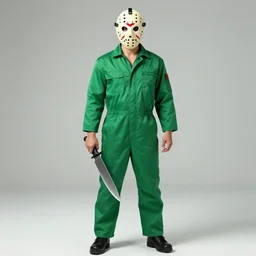 a guy in a green jumpsuit wearing a hockey mask and carrying a matchete