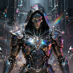 Ultra realist and ultra intricate dark detailed painting of an powerful hooded armor iridescent assassin king, human face biomechanical complex body with iridescent microchips, 3D render, symmetry, rich style, glowing iridescent sparks and smoke behind, crystallic cyberpunk megastructure background, artstation, colorful, badass, dark ominous stealth, unreal render, rainbow, lens flaring, depth of field