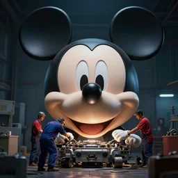 workers / mechanic working on mickey mouse giant head, low cinematic lighting, front lit, beeple, cgsociety, unreal engine, octane render, trending on art station, highly detailed 4 k art, intricate, hyperr realistic