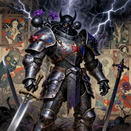 composition of gothic and futuristic, warhammer, cyber japan style armor, battle for blood on swords, more scars, many mechflowers, thunderstorm, black head, some purple and blue, the middle ages, highly detailed, artstation, in the style of moebius, jugendstil and classic japanese print, psychedelic, art by rene magritte, jean delville