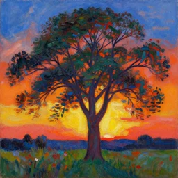 a painting of a tree in the sunset, a gouache by Erin Hanson, deviantart, neo-fauvism, fauvism, impressionism, vivid colors