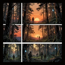 no border 3 panel graphic novel layout the temperate forest sunset cryogenic tears of hyperspace loneliness futuristic small unit tactics behind enemy lines littoral combat photorealistic graphic novel layout by michael komarck, greg rutkowski, victo ngai, artgerm, willem claesz heda and j. dickenson roger deakins john seale syd mead