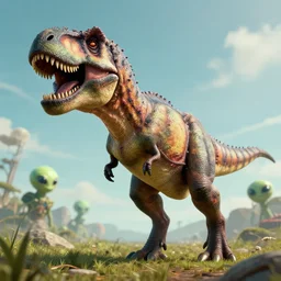 a t - rex infected with an alien inplant being riden by aliens, its jaws are closed, photorealistic 3 d octane render, unreal engine