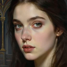 high quality extremely detailed closeup portrait of a young attractive female necromancer looking away from the camera, dressed, realistic eyes, sparkle in eyes, no hands visible, baroque architecture in background, fantasy, d & d, intricate, painting by lucian freud and mark brooks, hd