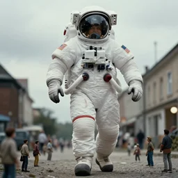 extreme low angle, white giant towering chubby american astronaut in spacesut with oversized helmet walking in legnica amongst tiny people, movie still, bokeh, canon 5 0 mm, cinematic lighting, dramatic, film, photography, depth of field, award - winning, overcast, 8 k, 3 5 mm film grain