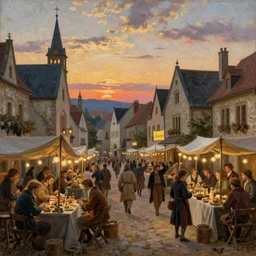 a painting of a medieval town market at sunset