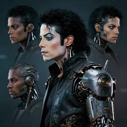 a rugged michael jackson with cybernetic enhancements, scifi character portrait by greg rutkowski, esuthio, craig mullins, 2 / 4 headshot, cinematic lighting, dystopian scifi gear, gloomy, profile picture, mechanical, half robot, implants, steampunk