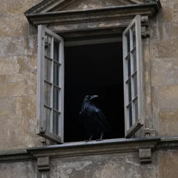 a raven in an open window at night, victorian architecture, by algernon blackwood
