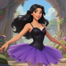 a beautiful woman with long black hair, wearing a black corset top and a purple ballerina skirt, Hearthstone official splash art
