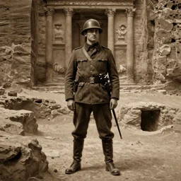 ultra detailed photorealistic sepia - toned painting from 1 9 1 7, a british officer in field gear standing at an archaeological dig site at petra, ultra realistic, painted, intricate details, lovecraft, atmospheric, dark, horror, brooding, highly detailed, by angus mcbride
