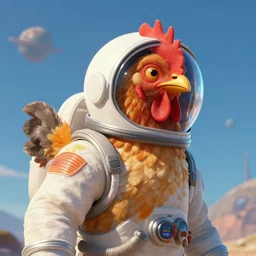 a lonely chicken wearing a space suit without helmet in a alien planet, profile picture, digital art, concept art, trending on DeviantArt, by Brad Kunkle highly detailed, high quality, 4K, cartoon, high coherence, path traced, blue sky in the background, octane render, digital painting, no helmet, masterpiece, anatomically correct, hyperrealistic