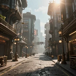 Photorealistic steampunk city streets. Daylight. Sunlight. Lens flare. Light fixtures. 8K. Detailed. Photorealism. Artstation. 25mm.
