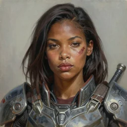 epic portrait of a beautiful BIPOC woman with a large obvious scar on her left cheek and lips, wearing femshep mass effect armor, Alexandria's genesis, chin-length hair, bored, illustration, soft lighting, soft details, hyper realism, high detailed, painting oil on canvas by mark arian by artgerm, trending on artstation, 4k, 8k, HD