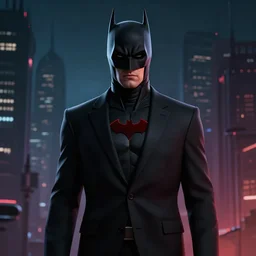 gradient bruce timm style dark color pallette. smooth black suit with red logo. mid shot portrait of the cyberpunk mouthless terry mcginnis batman from the show \ batman beyond \. batmanbeyond. futuristic gotham bg. masterpiece octane artstation render. fzd. artgerm, michael garmash, jeremy lipkin, craig mallismo. lighting by james gurney.