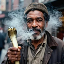 closeup portrait of a snake oil salesman in a smoky new york back street, photograph, magazine, press, photo, Annie Leibovitz and Steve McCurry