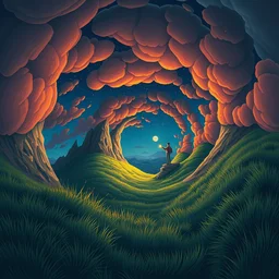nightly, spiral, naive nerikomi, weird perspective, extra narrow, detailed illustration, lit by flashlight, scenic spiral environment by rhads from lorax movie, trending artstation, true color, fisheye, grass field mountainous terrain, spiral smoky clouds
