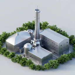 geometric 3 d render of industrial buildings surrounded by undergrowth, octane render, redshift render, metallic