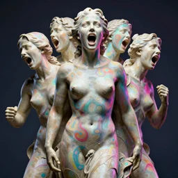 sculpture statue of Emma Watson by Jean-Baptiste Carpeaux and Luo Li Rong and Michael James Talbot, all body, very emotional screaming expressions, perfect symmetrical face, colorful, psychedelic acid colors, retrowave synthwave, in full growth, elegant, realistic, 8K, female full-skin figure, hyperrealism, subsurface scattering, raytracing, rim light, Octane Render, Redshift, Zbrush