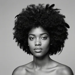 photo of beautiful young black woman with afro with feathers in hair, black and white, photographed by thomas easterly,,,
