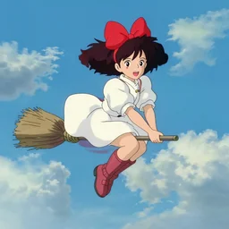 a magic girl with red bow ， riding a broom ， flying in the sky ， miyazaki style
