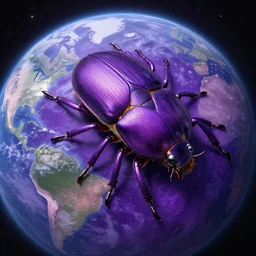 colossal purple beetle vehicle drives on an earth like planet, purple water