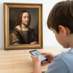 kid bored with IPhone, renaissance painting