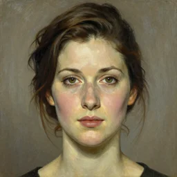 Frontal portrait of the face of a beautiful woman. Painting by Norman Rockwell.