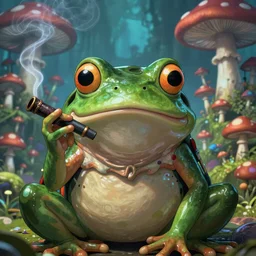 A close up portrait of a horrifying psychedelic godlike anthropomorphic frog smoking an anime blunt , magic mushroom village in background . award winning. superb resolution. in the art style of junji Ito and greg rutkowski . Detailed Mushroom city in background. Hyper realistic anime. Perfect art. Dalle2