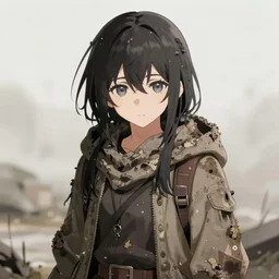 Digital anime art by WLOP and Mobius, Ragged scavenging girl, dirty and desperate, climbs through the stone ruins, hot sun overhead, highly detailed, bleached bright lighting