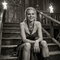 photo of the viking female warrior sitting on the stairs leading to the  wooden palace of Valhalla, femine attractive symmetrical face, big eyes and lips, beautiful clean face and body skin, brutal joyful face expression, wears ornamental jewelry and partially ripped clothes, torches alit in the background, depth of field, lens flare, moody lighting, moody photography, old photo, black and white, sepia, cinematic lighting, cinematic angle, editorial photography,photoshoot