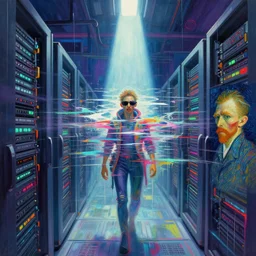 a vision of vast cyberspace, inside of the matrix, a virus glitching through a vulnerable server, wearing sunglasses, futuristic clothes, vibrant colors, rule of thirds, spotlight, motion blur, drips of paint, geometric glitching, expressive, passionate, by greg rutkowski, by jeremy mann, by francoise nielly, by van gogh, digital painting